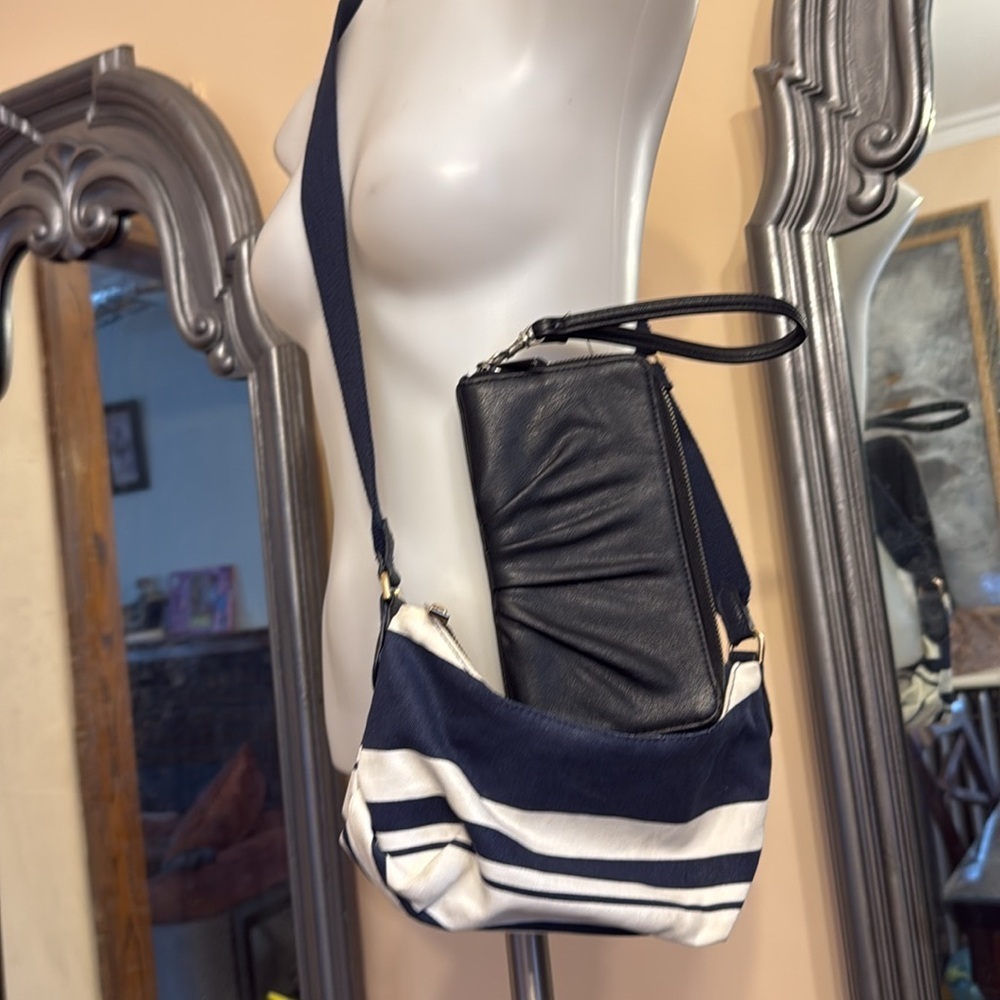 Two Target Bags Small Navy White Striped Crossbody and Black Wristlet